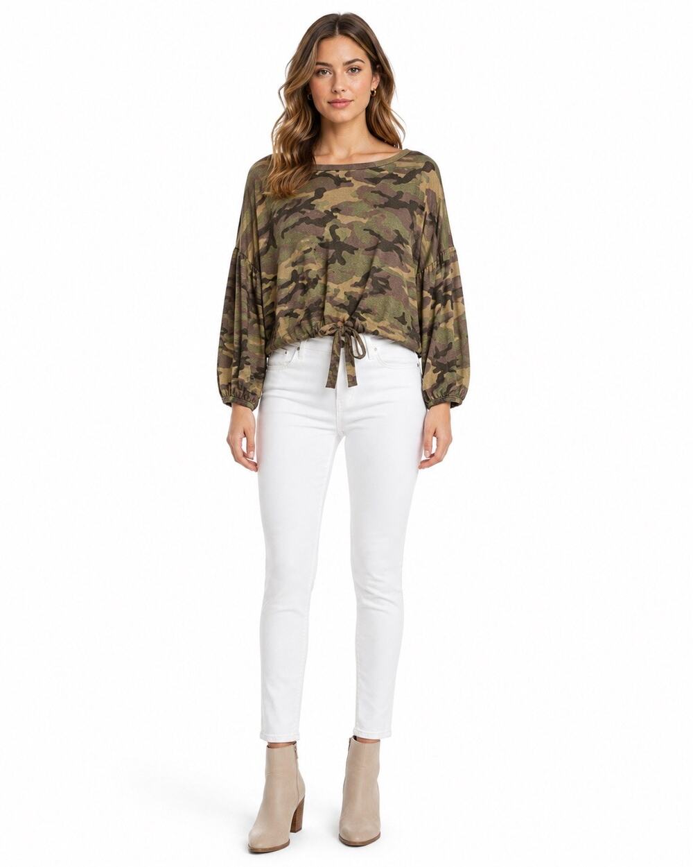 VINTAGE HAVANA Camo Oversized Pullover Top Tie Waist Long Sleeve